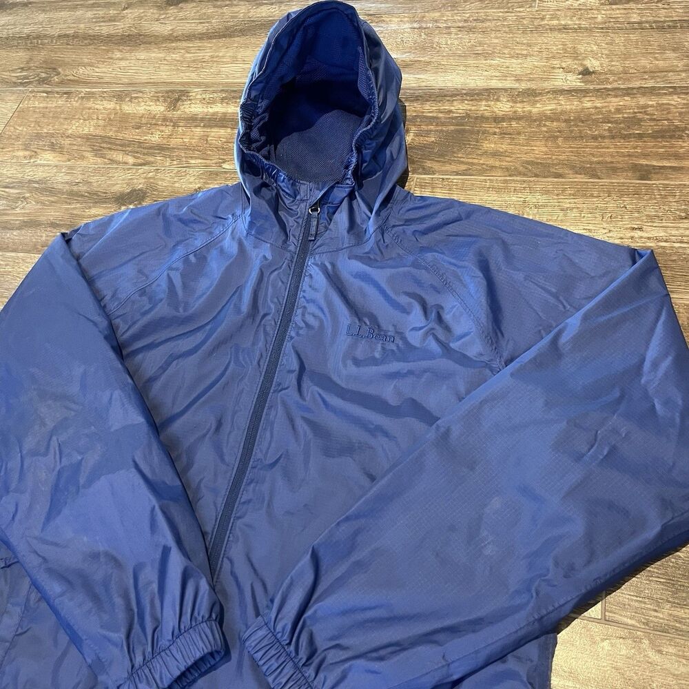 LL Bean Rain Jacket Mens S Navy Blue Windbreaker Hooded Zip Pockets Outdoor Hike